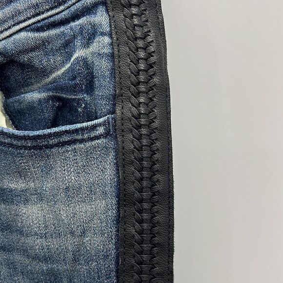 Express Jeans distressed with braided faux leather stripes on outside of legs - Picture 3 of 7